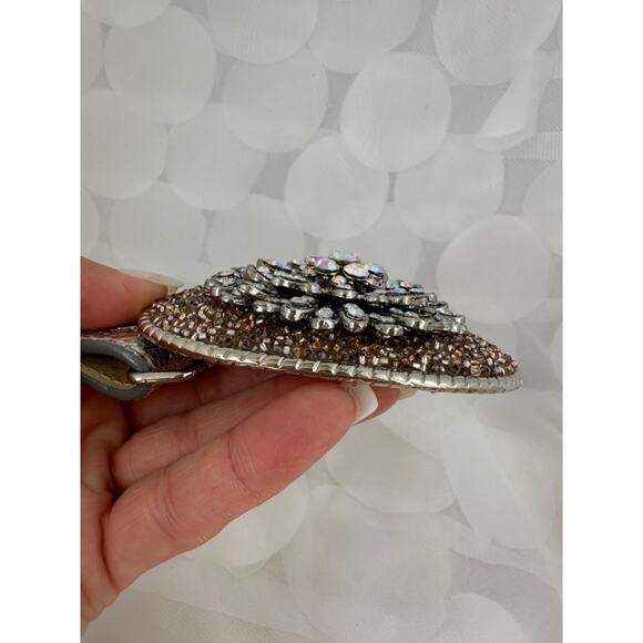 HUGE Crystal Silver Belt Genuine Leather Aurora Borealis stones gold beaded Y2K - Picture 5 of 11